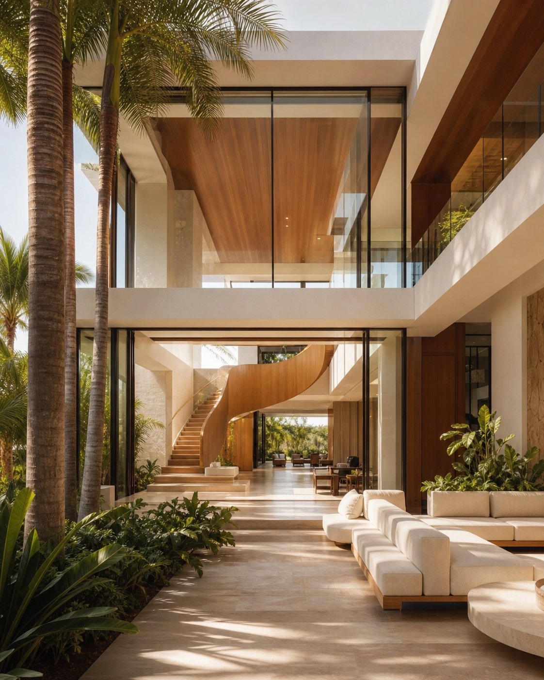 Modern villa courtyard with double-height glass