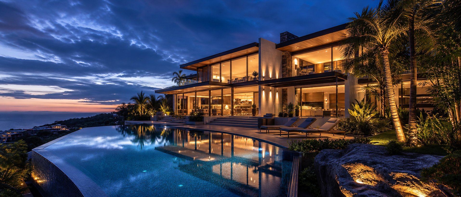 Modern luxury villa at dusk with an infinity pool