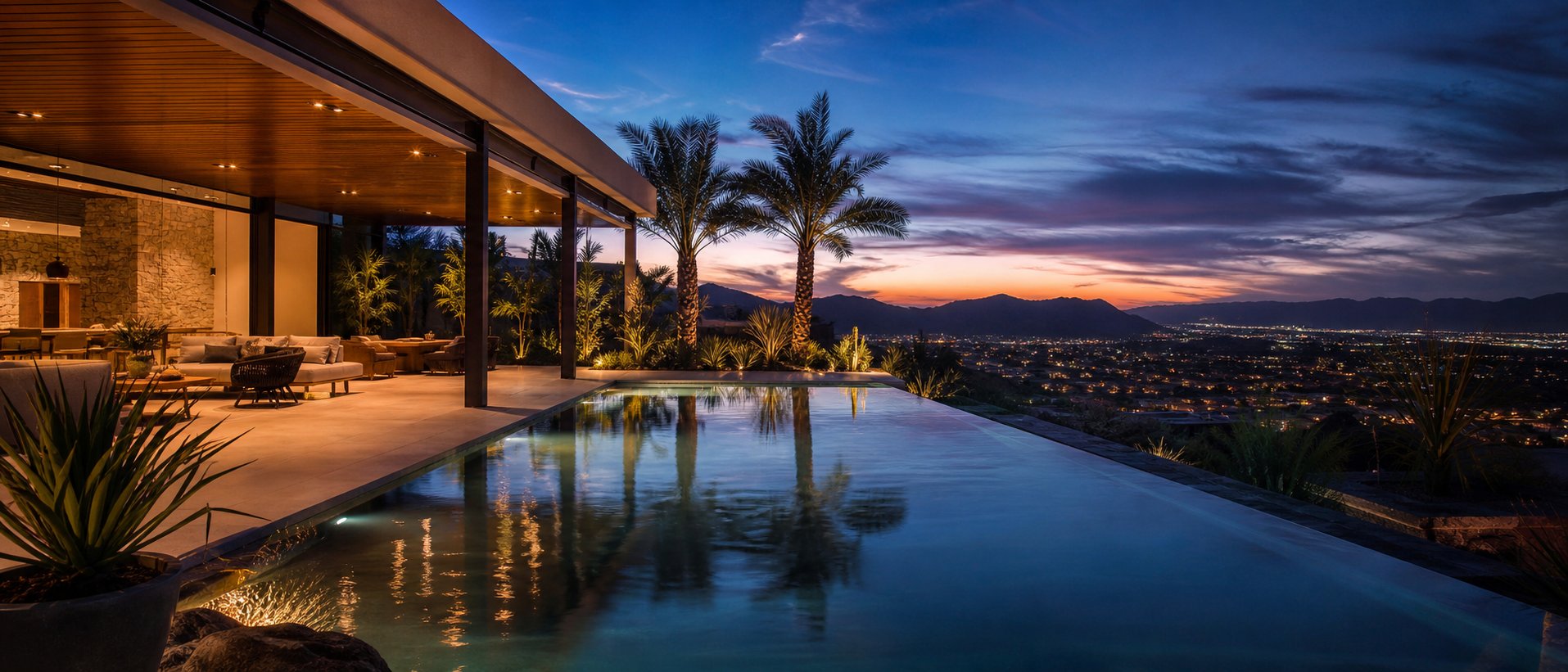 Luxury villa outdoor living with infinity pool at dusk