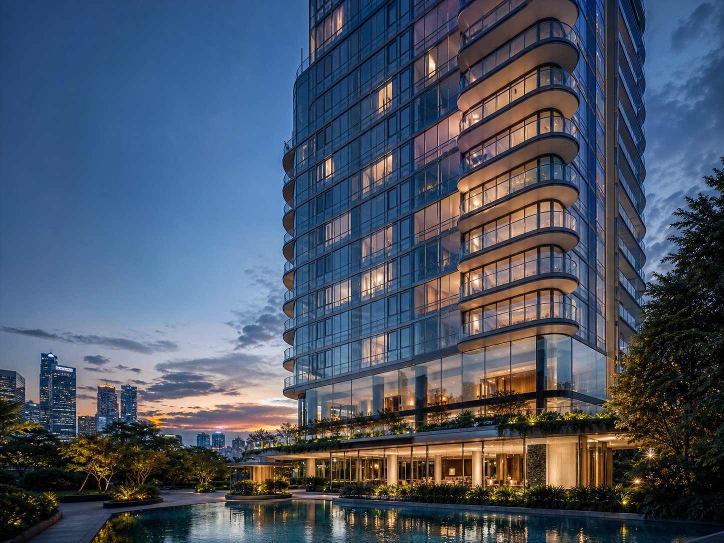 Luxury residential tower at dusk